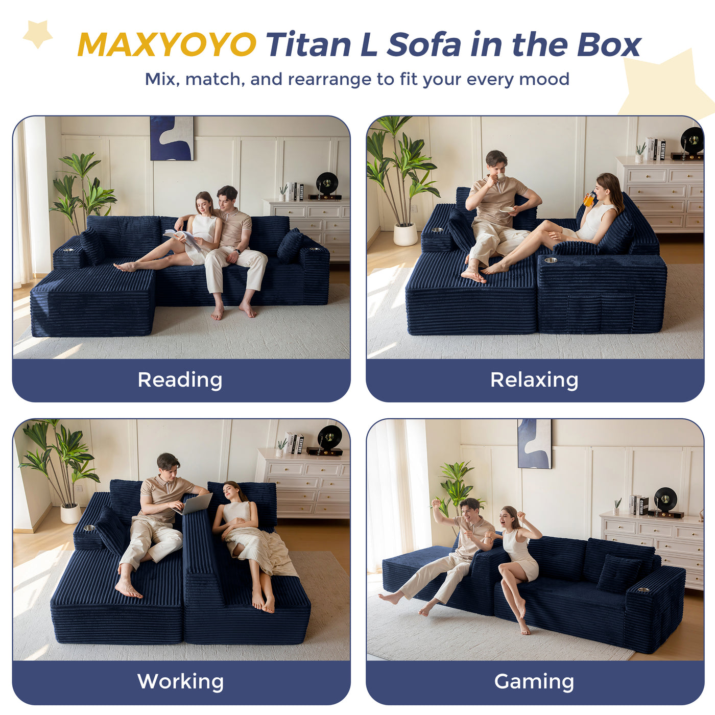 MAXYOYO 104" Modular Sectional Couch with L-Shape Chaise, Modern Boneless Couch for Living Room, Sofa in A Box, Oversized Sofa Sleeper with Deep Seat, No Assembly Required, Navy