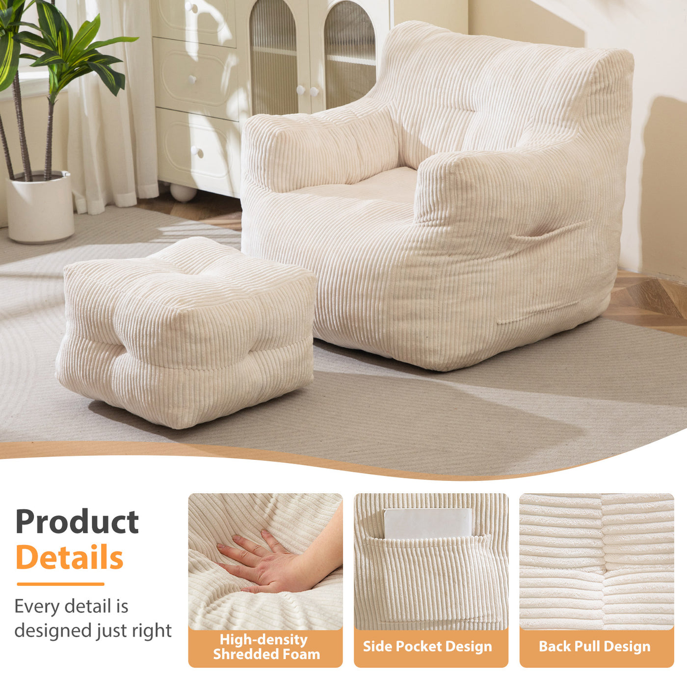 MAXYOYO Tufted Bean Bag Chair with Ottoman, Corduroy Bean Bag Couch Lazy Chair with Filler for Adult, Beige