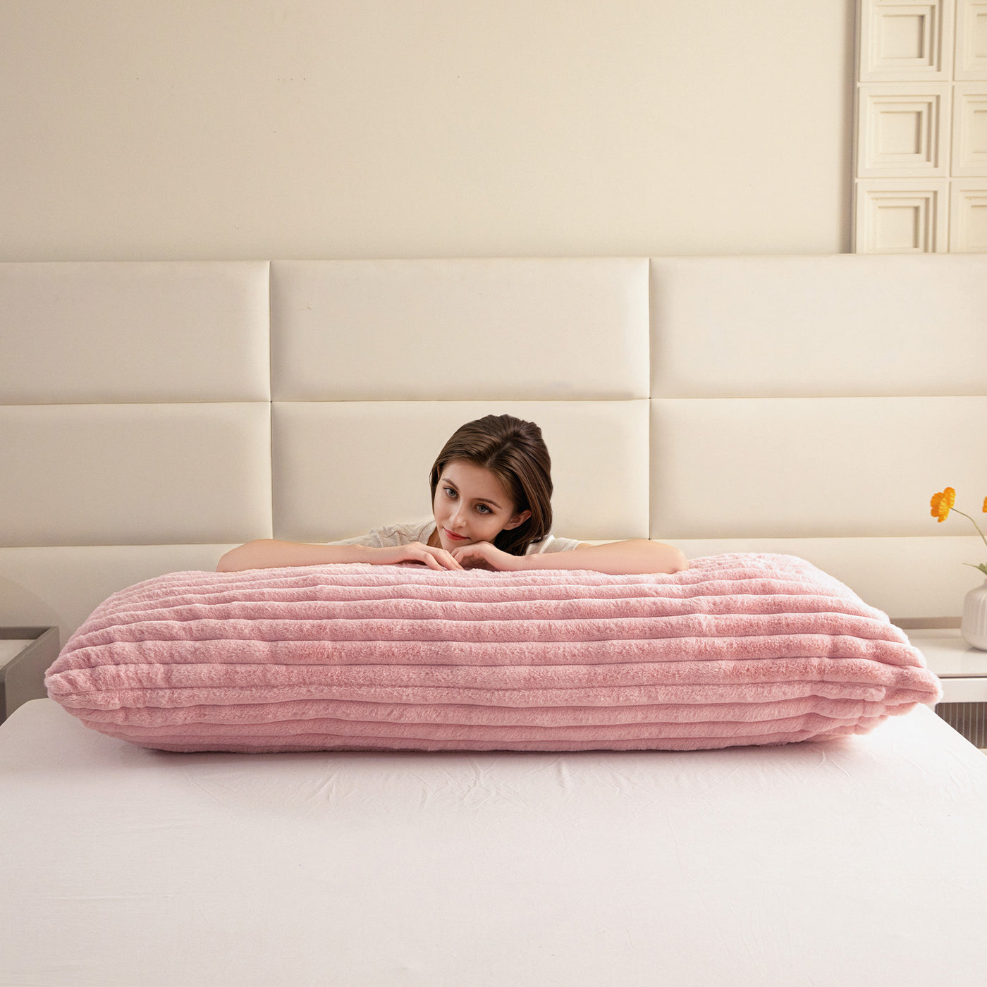 MAXYOYO Body Pillow - Ultra Striped Faux Fur Long Bed Pillows for Sleeping (20 x 54 Inch, Pink)