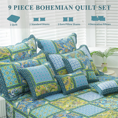 9pc Quilt Set -Patchwork 100% Cotton Bedspreads - Turquoise