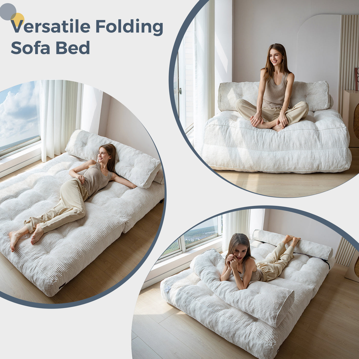 MAXYOYO Folding Sofa Bed, Convertible Sleeper Chair with Pilow Foldable Matress with Back Support, Portable Fold Out Chair Bed Comfy Floor Sofa Lounge for Living Room Bedroom, Beige, Double