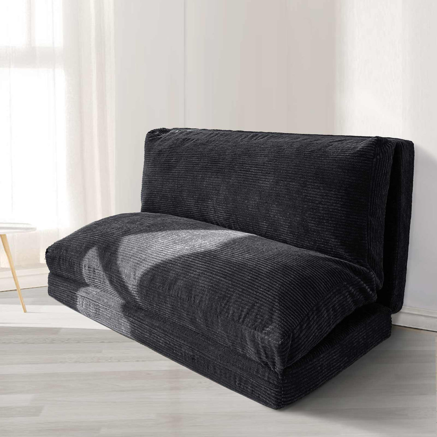 MAXYOYO Bean Bag Folding Sofa Bed with Corduroy Washable Cover, Extra Thick and Long Floor Sofa for Adults, Black