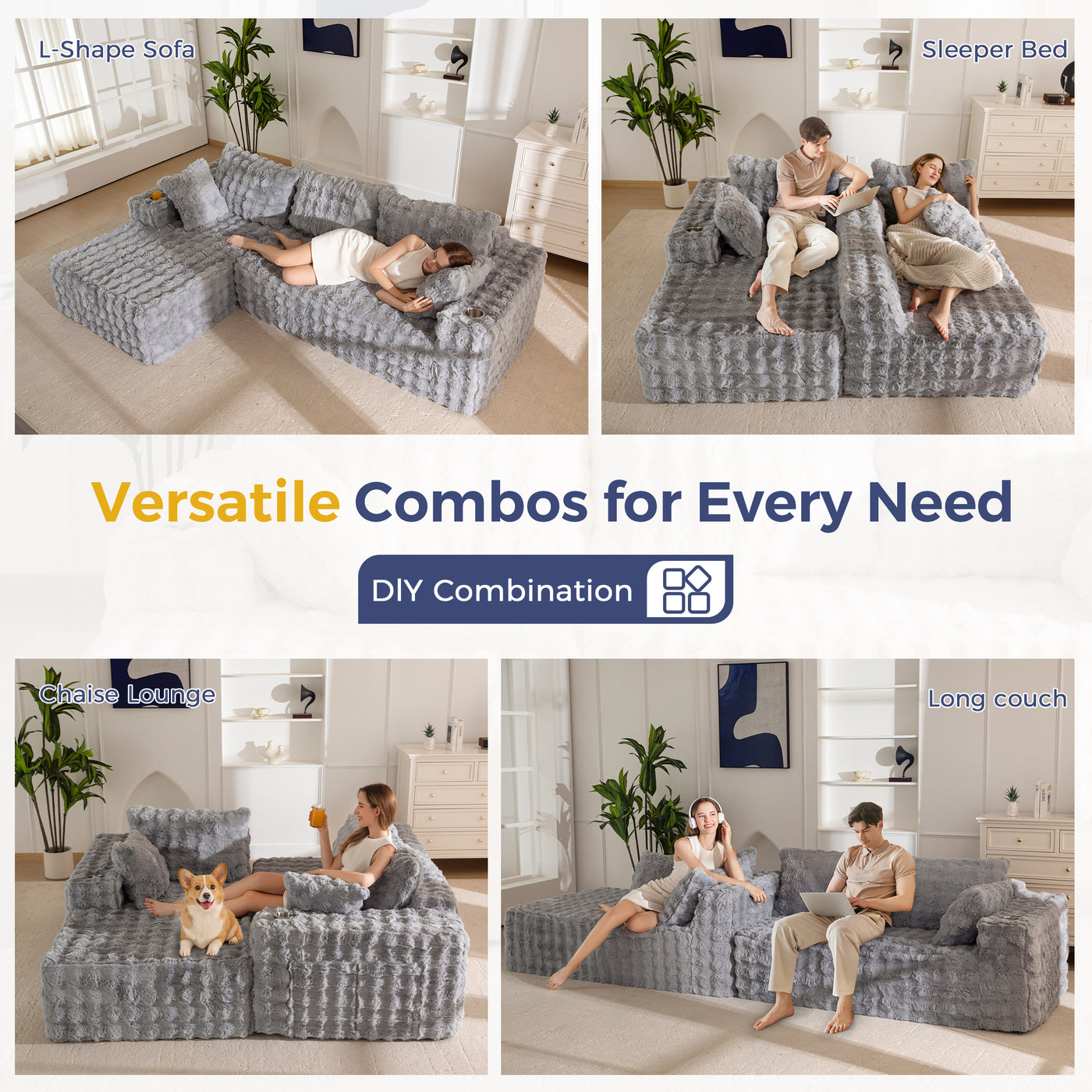 MAXYOYO 104" Modular Sectional Couch with L-Shape Chaise, Modern Boneless Couch for Living Room, Sofa in A Box, Oversized Sofa Sleeper with Deep Seat, No Assembly Required, Grey