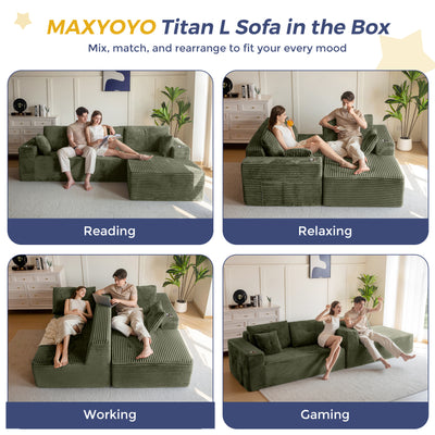 MAXYOYO 104" Modular Sectional Couch with L-Shape Chaise, Modern Boneless Couch for Living Room, Sofa in A Box, Oversized Sofa Sleeper with Deep Seat, No Assembly Required, Green