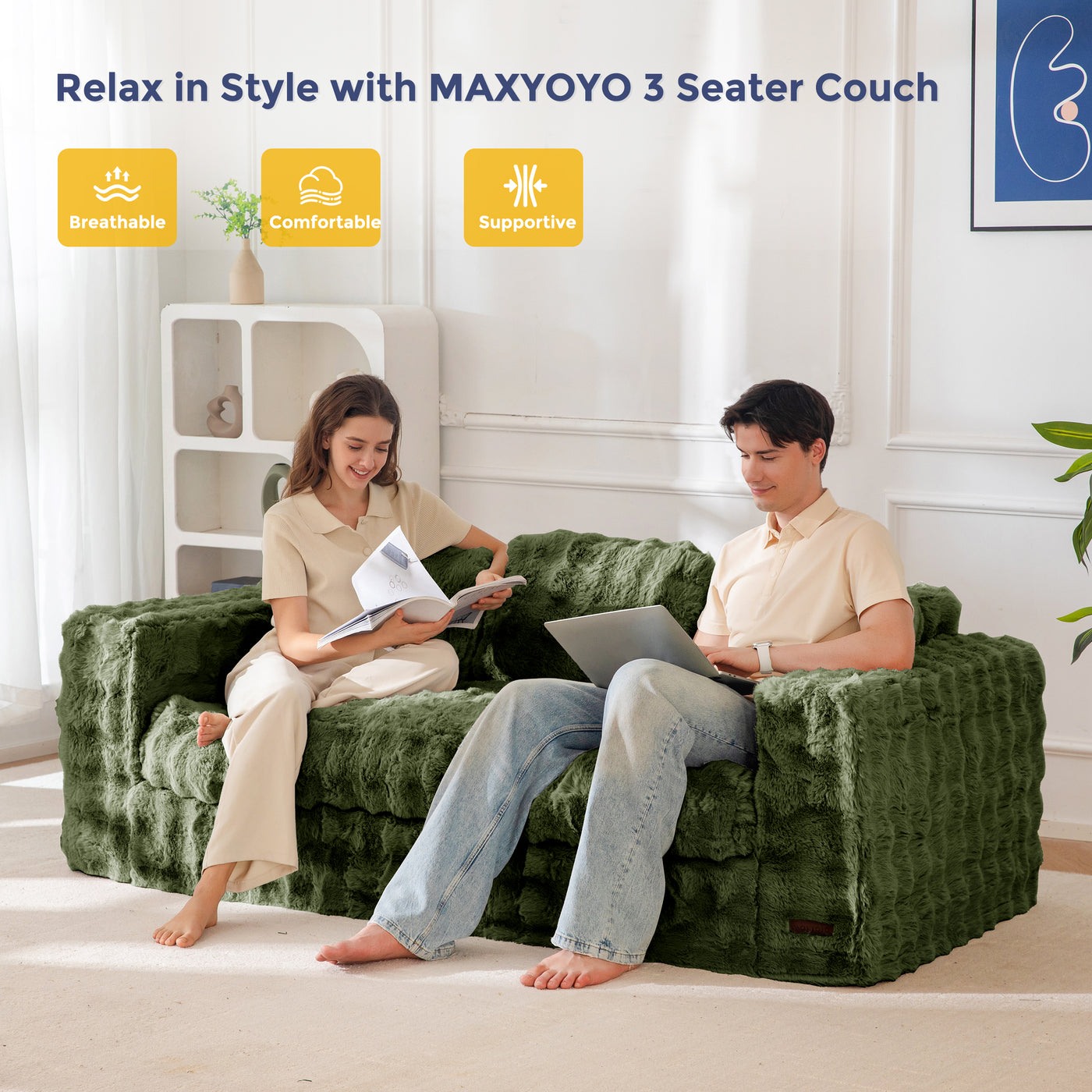 MAXYOYO 3 Seater Sofa for Living Room, Tufted Boneless Couch Bubbled Sofa Couch, Comfy Bean Bag Chair for Bedroom Apartment, No Assembly Needed