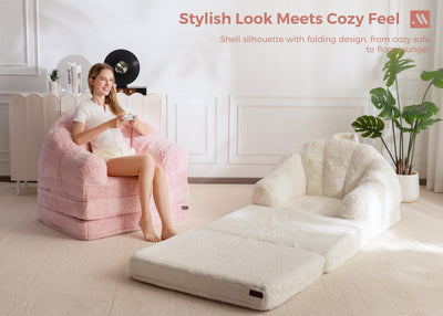 MAXYOYO Folding Sofa Bed, 2 in 1 Convertible Sofa to Lounger Comfy Single Bean Bag Chair for Adults, Floor Sleeper Couch with Handle, Faux Fur Couch Bed for Living Room Bedroom, Beige