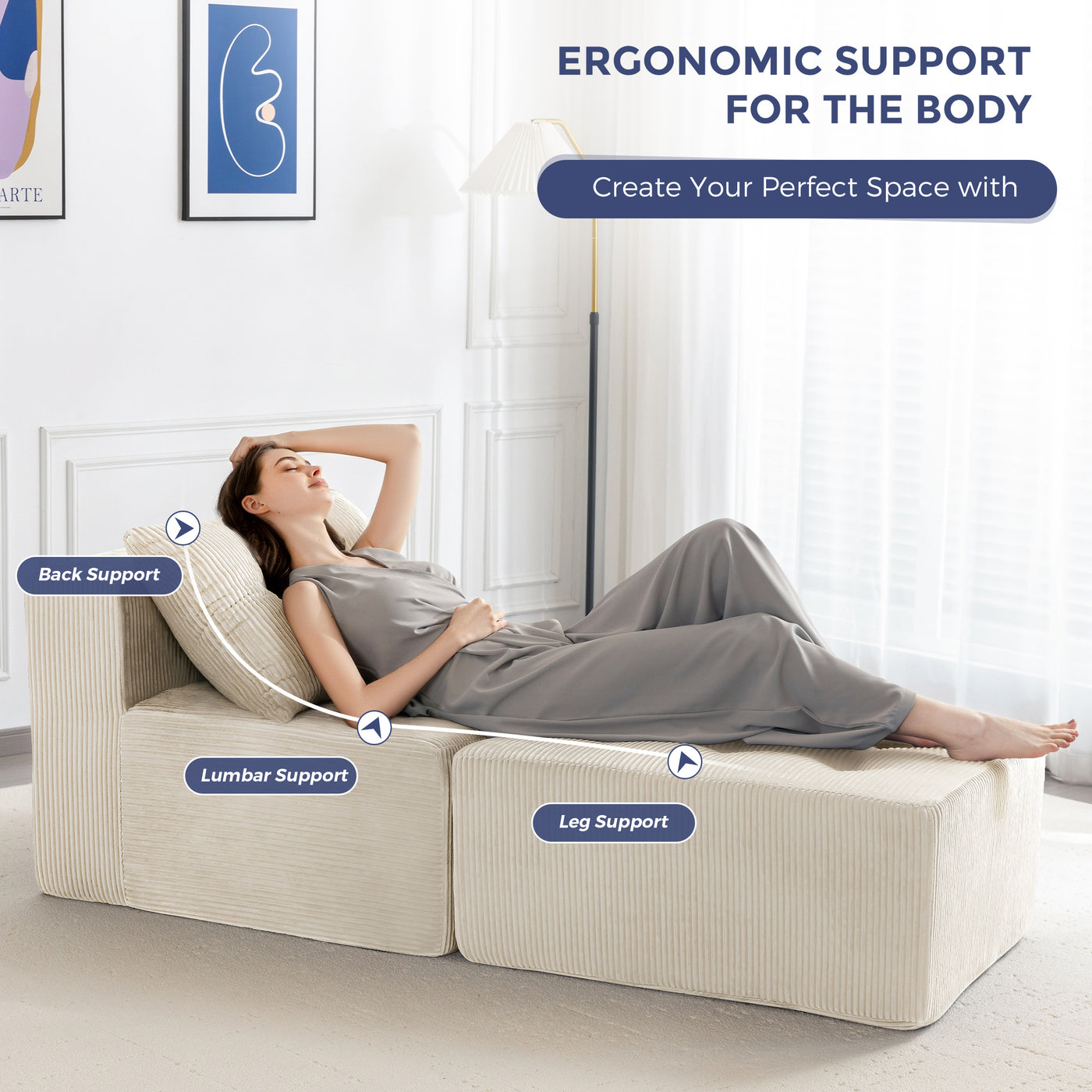 MAXYOYO Modular Sectional Chaise Lounge, Versatile Sofa Chair with Ottoman, Deep Seat Boneless Sofa for Living Room, Tufted Cozy Cloud Couch Lounge with Cushion, No Assembly Required, Beige