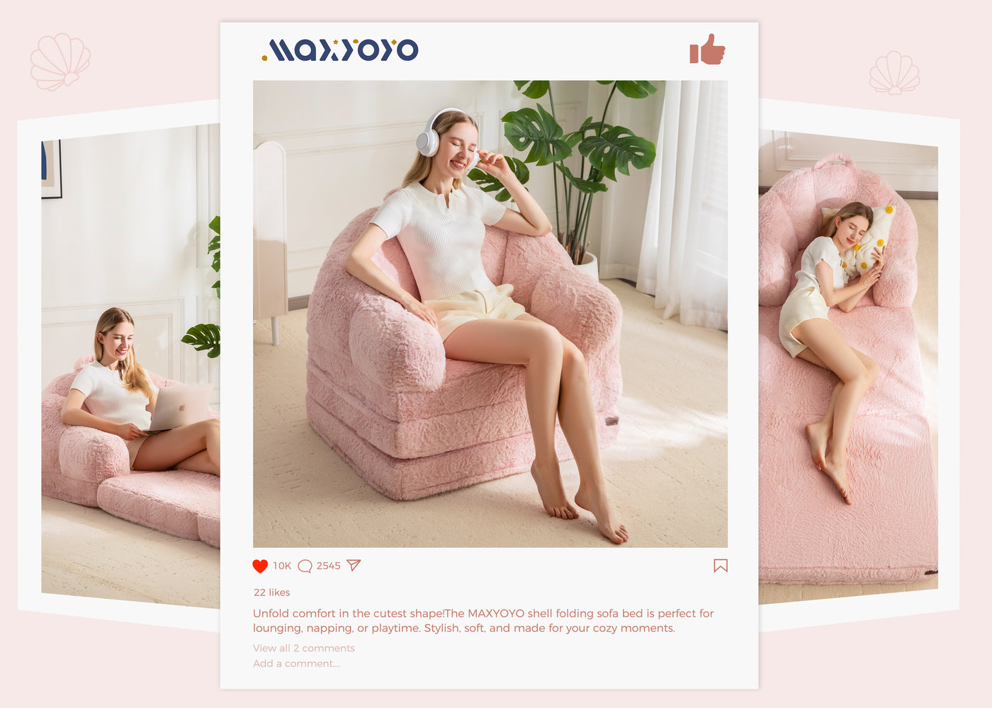 MAXYOYO Folding Sofa Bed, 2 in 1 Convertible Sofa to Lounger Comfy Single Bean Bag Chair for Adults, Floor Sleeper Couch with Handle, Faux Fur Couch Bed for Living Room Bedroom, Pink