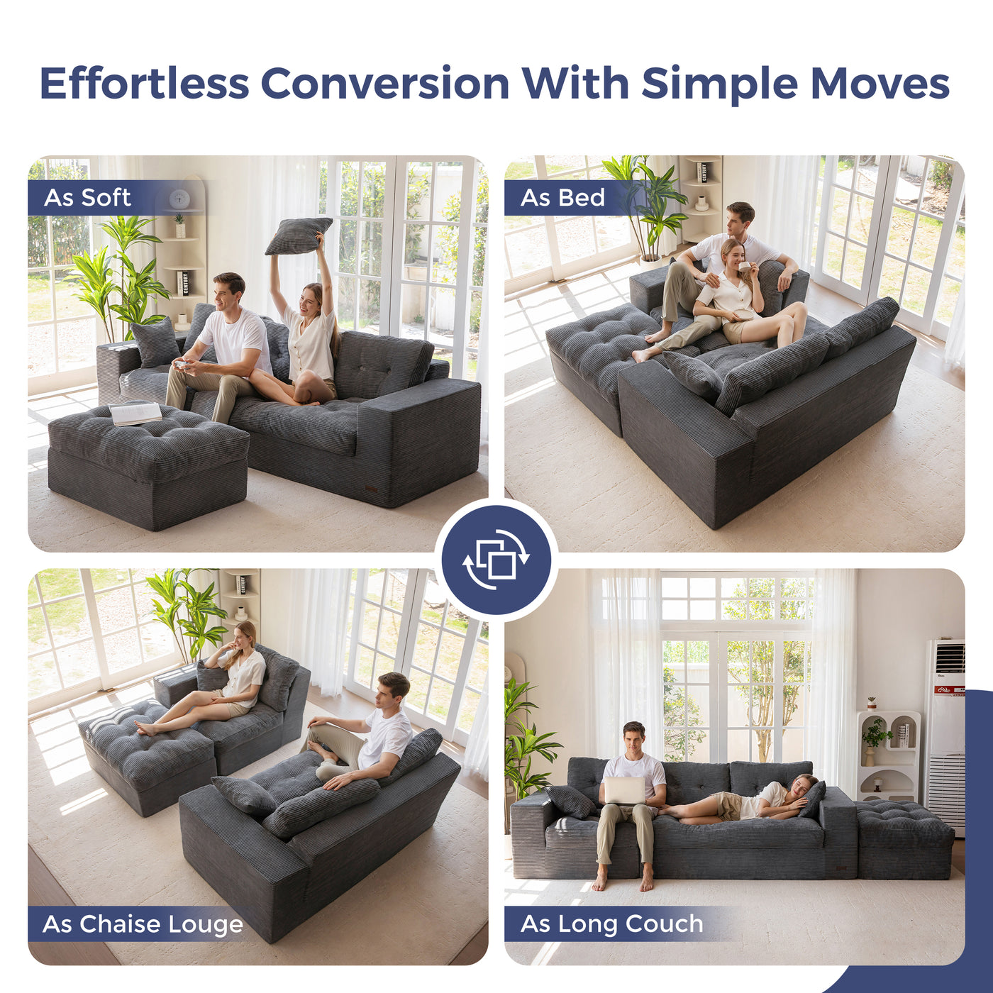 MAXYOYO L Shaped Sectional Sofa with Ottoman, Cloud Boneless Couch with Layered Cushion, Upholstered Modular Sofa with Tufting, Flexible Module Combination for Living Room, No Assembly, Dark Grey