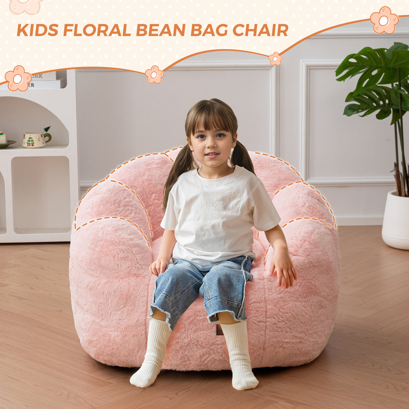 MAXYOYO Kids Bean Bag Chair, Floral Shaped Bean Bag Sofa, Plush Faux Fur Toddler Couch with Petal Backrest for Boys Girls, Stuffed Cozy Sofa for Nursery, Bedroom, Pink