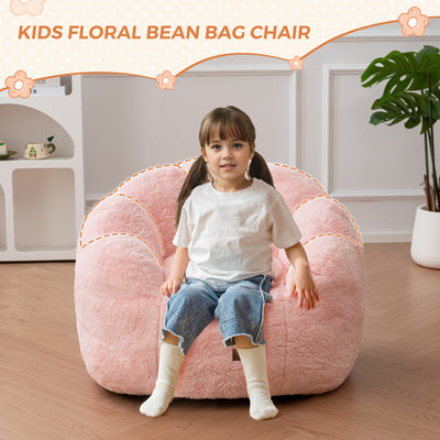 MAXYOYO Kids Bean Bag Chair, Floral Shaped Bean Bag Sofa, Plush Faux Fur Toddler Couch with Petal Backrest for Boys Girls, Stuffed Cozy Sofa for Nursery, Bedroom, Pink