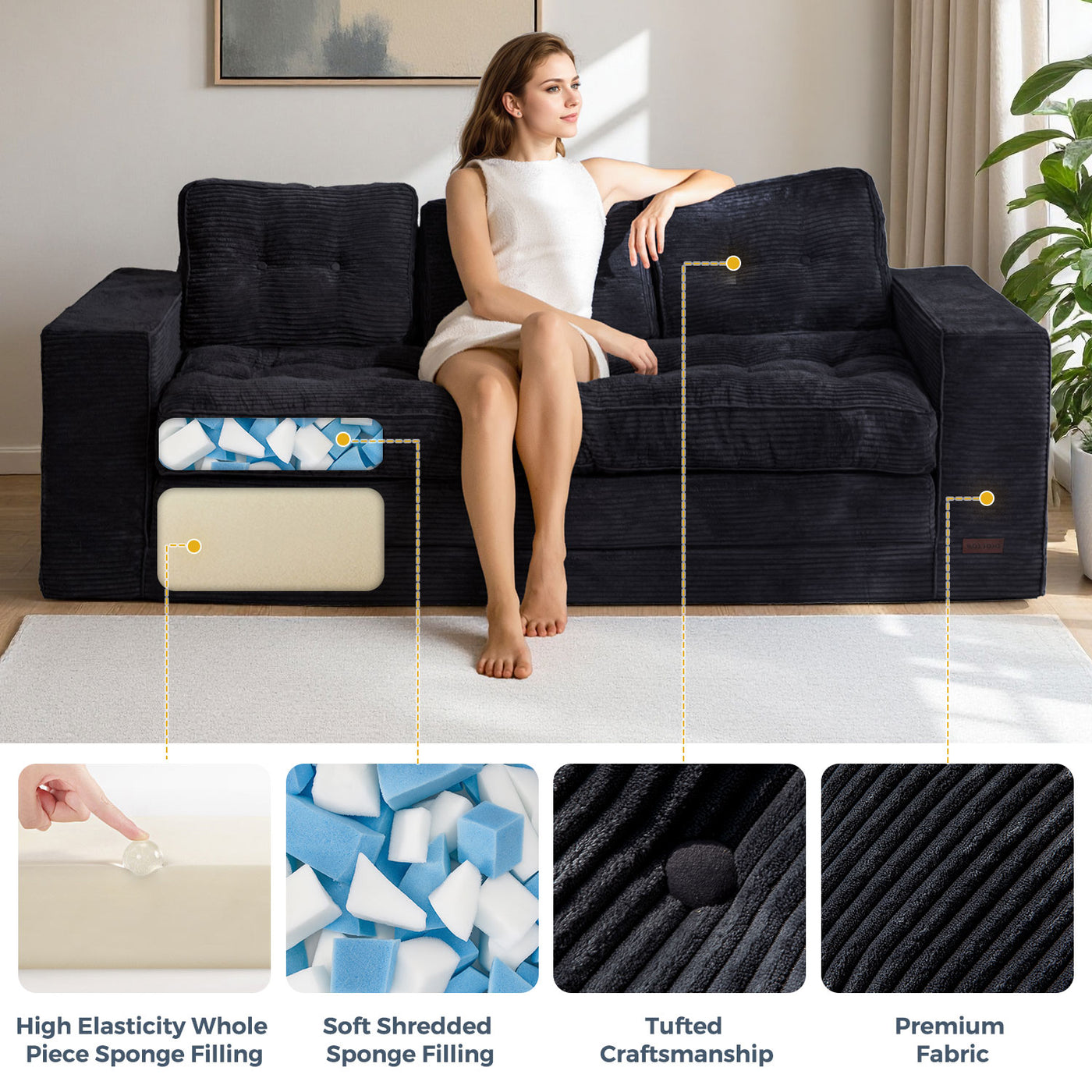 MAXYOYO 3-Seater Convertible Sofa Bed – Corded 2-in-1 Pull-Out Floor Couch with Pillows for Living Room, No Assembly