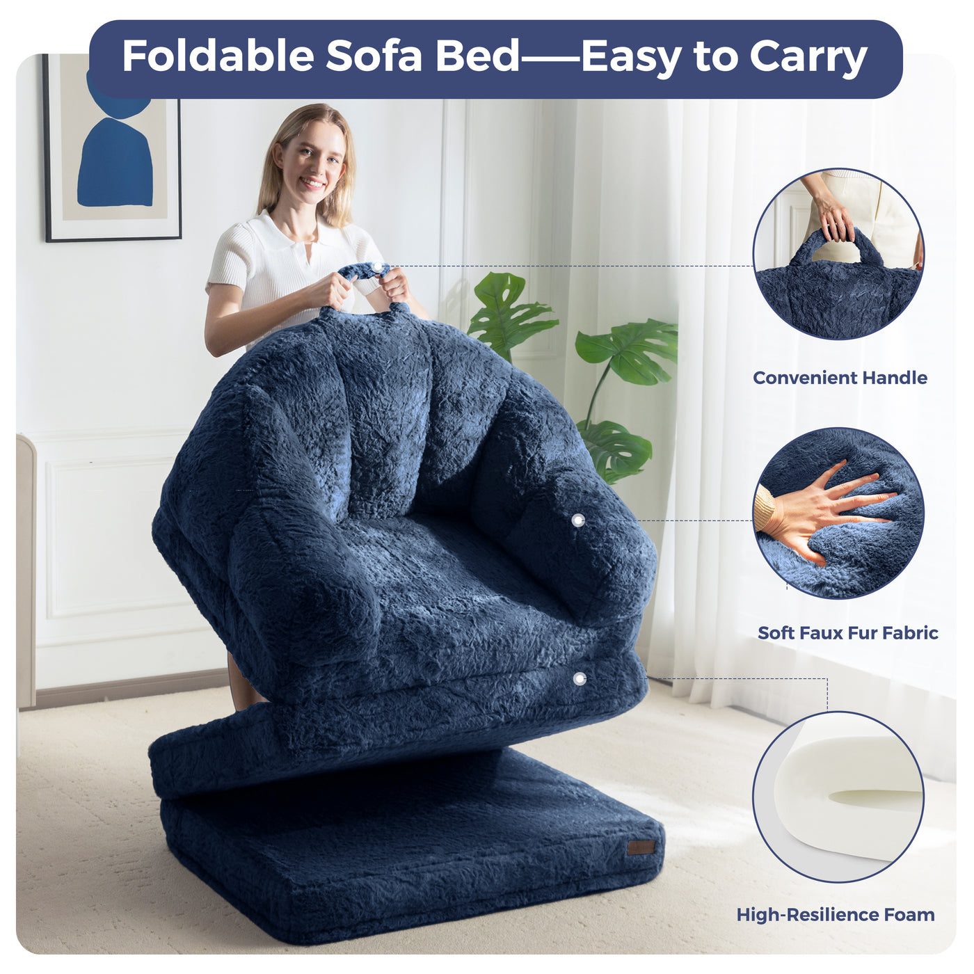 MAXYOYO Folding Sofa Bed, 2 in 1 Convertible Sofa to Lounger Comfy Single Bean Bag Chair for Adults, Floor Sleeper Couch with Handle, Faux Fur Couch Bed for Living Room Bedroom