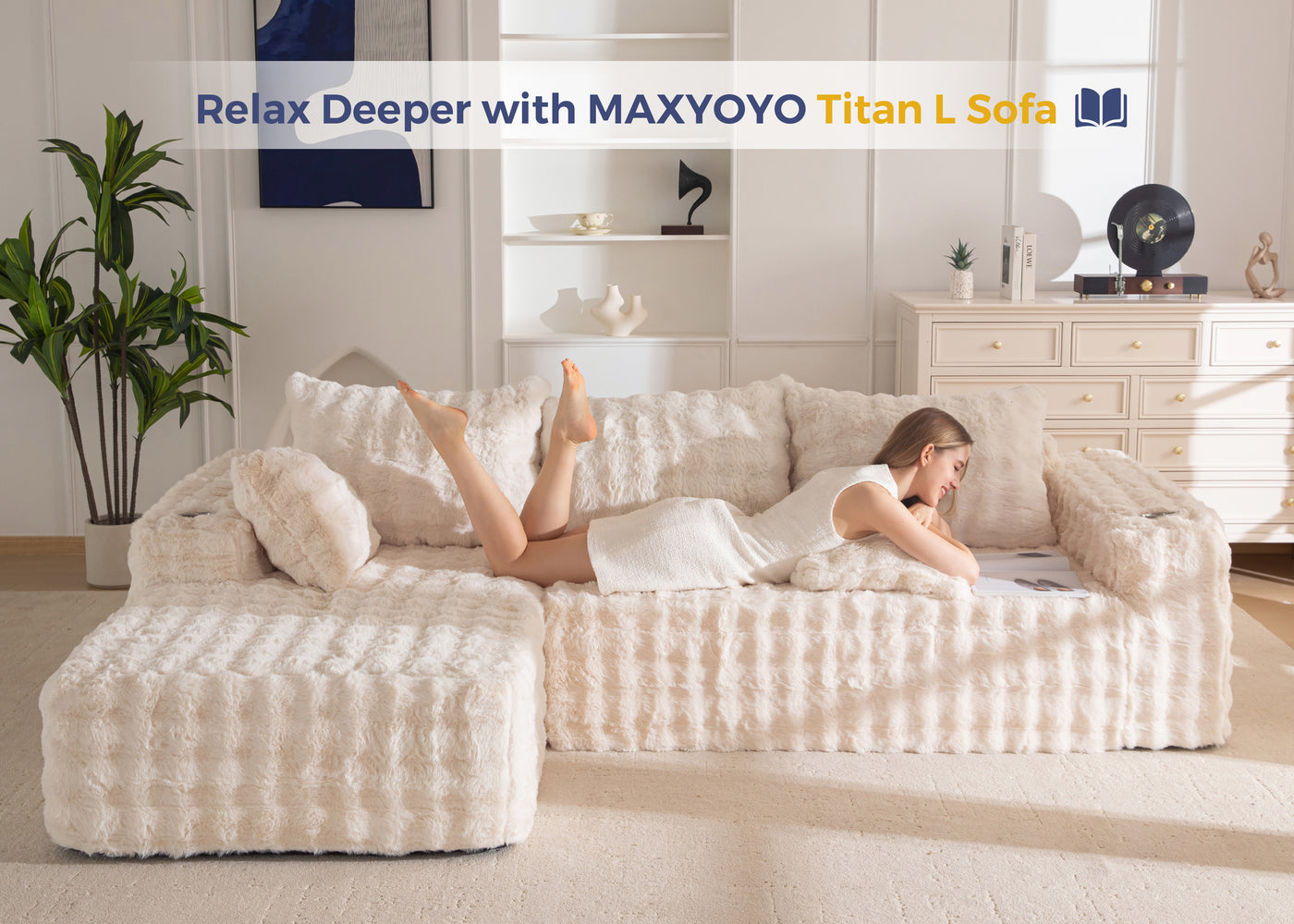 MAXYOYO 104" Modular Sectional Couch with L-Shape Chaise, Modern Boneless Couch for Living Room, Sofa in A Box, Oversized Sofa Sleeper with Deep Seat, No Assembly Required, Beige