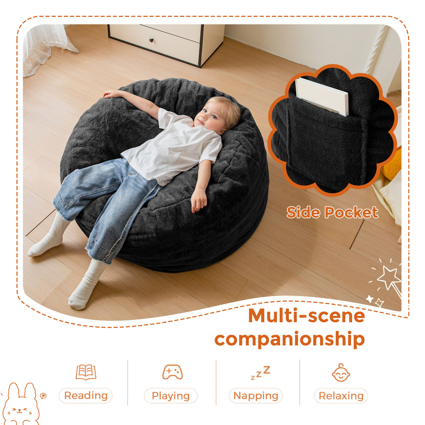 MAXYOYO Kids Bean Bag Chair, Stuffed Faux Fur Bean Bag for Toddler, Ultra Soft Floor Sofa with High-Density Foam Filling, Lazy Chair for Living Room, Playroom, Nursery Room,Black