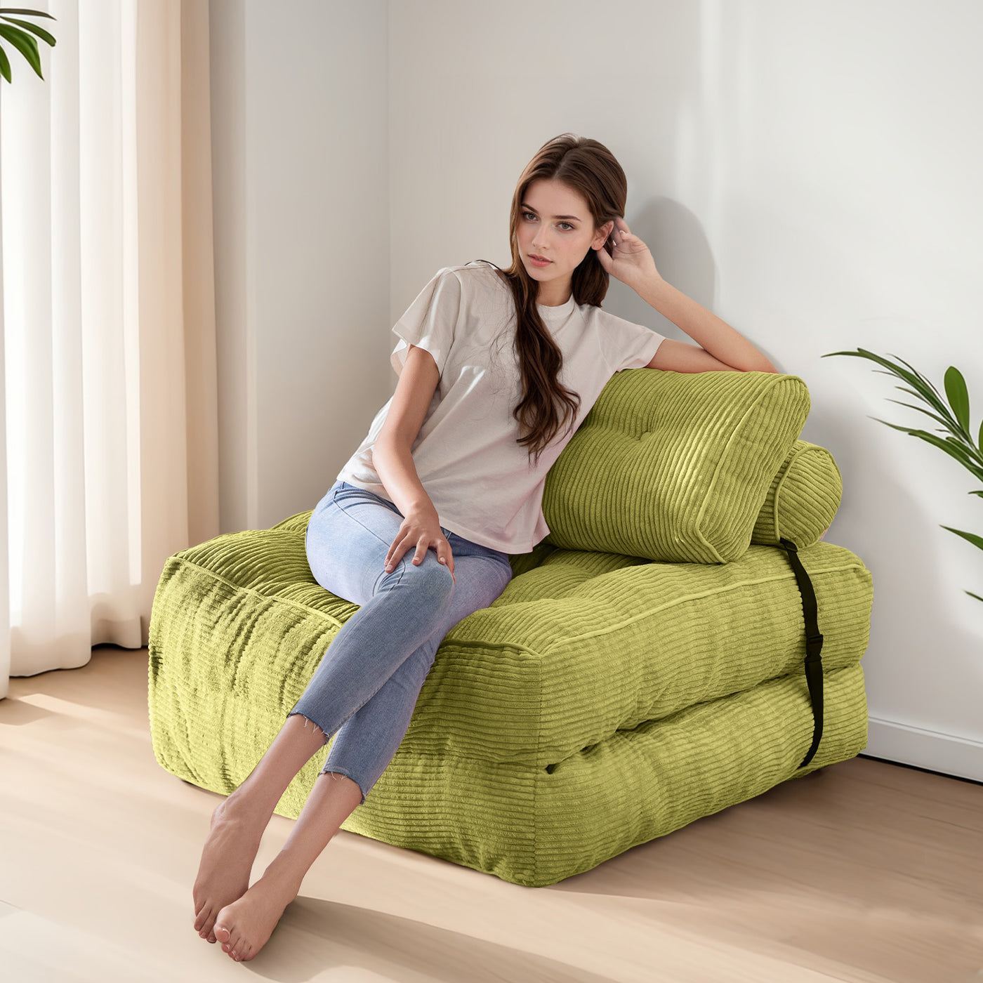 corduroy bean bag folding sofa#color_green