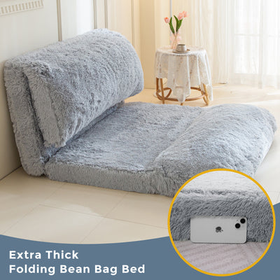 MAXYOYO Bean Bag Folding Floor Sofa Bed, Faux Fur Foam Filling Wall Couch Sleeper Chairs, Grey