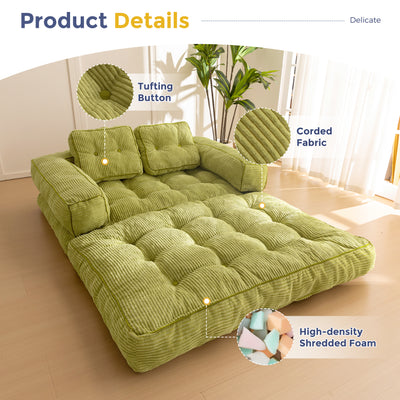 MAXYOYO Folding Sofa Bed, L-Shaped Convertible Sofa Bed with Armrest Foldable Sleeper Couch with Pillow, Portable Fold Out Chair Comfy Floor Couch Lounge for Living Room Bedroom, Green, Double