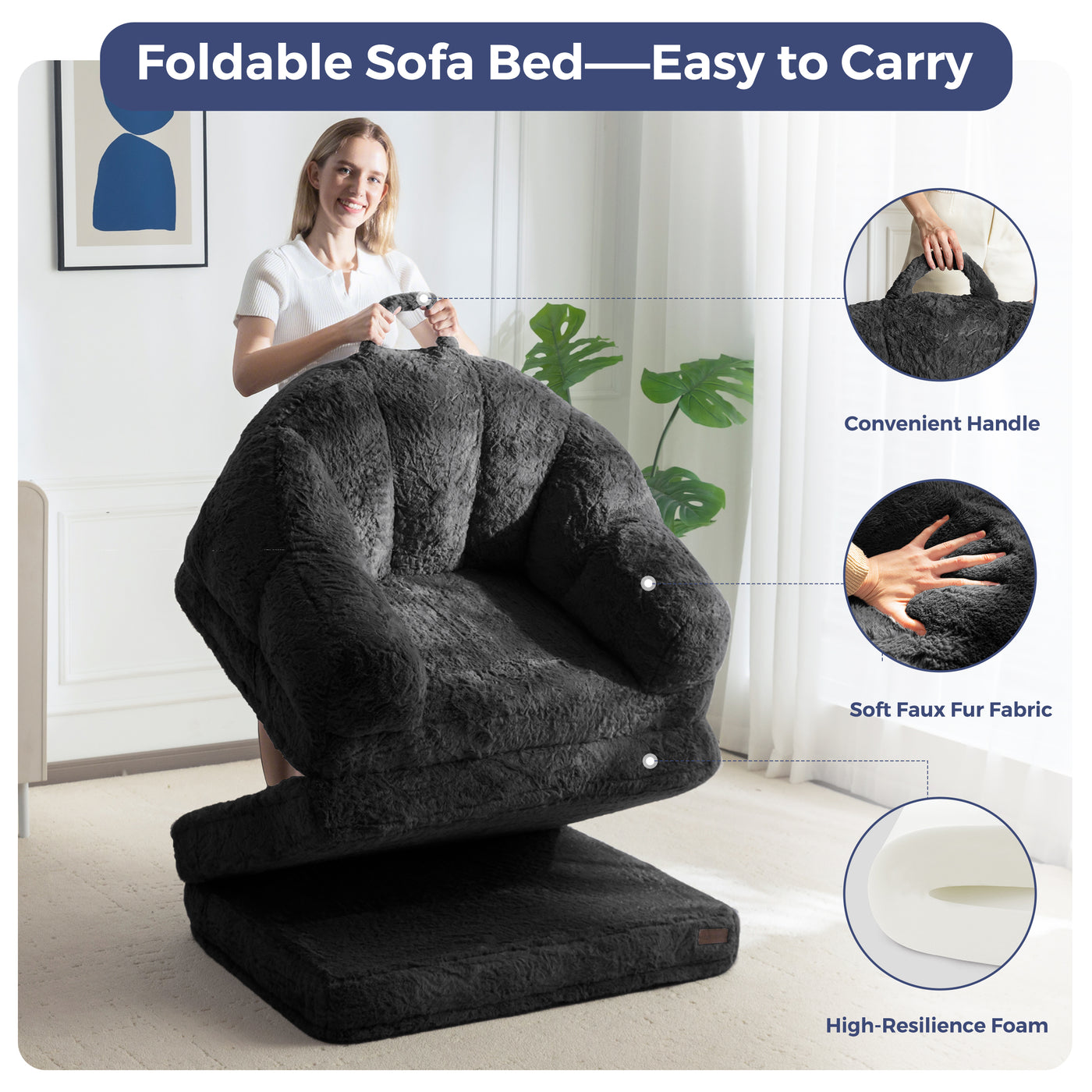 MAXYOYO Folding Sofa Bed, 2 in 1 Convertible Sofa to Lounger Comfy Single Bean Bag Chair for Adults, Floor Sleeper Couch with Handle, Faux Fur Couch Bed for Living Room Bedroom