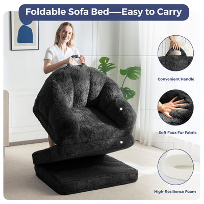 MAXYOYO Folding Sofa Bed, 2 in 1 Convertible Sofa to Lounger Comfy Single Bean Bag Chair for Adults, Floor Sleeper Couch with Handle, Faux Fur Couch Bed for Living Room Bedroom