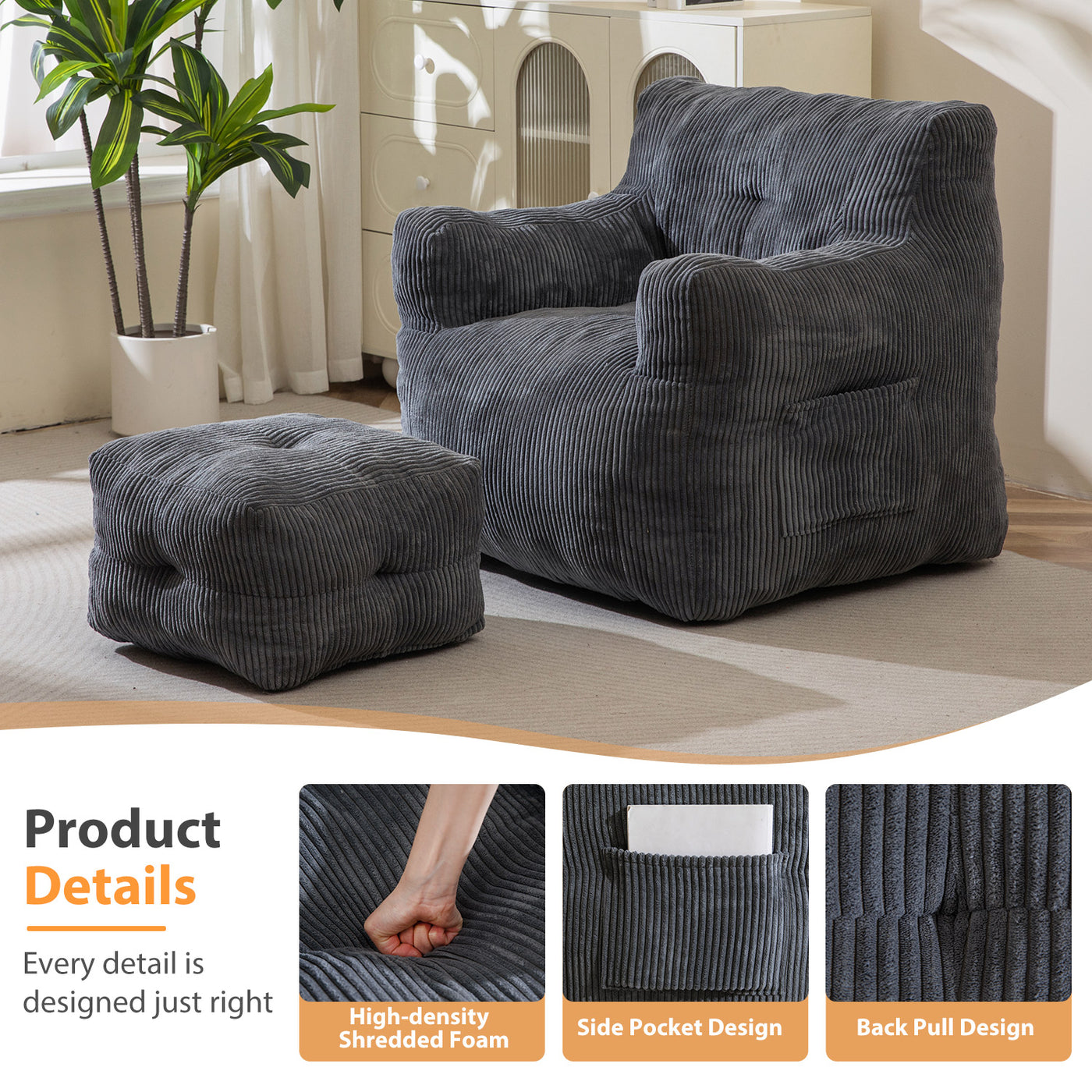 MAXYOYO Tufted Bean Bag Chair with Ottoman, Corduroy Bean Bag Couch Lazy Chair with Filler for Adult, Grey
