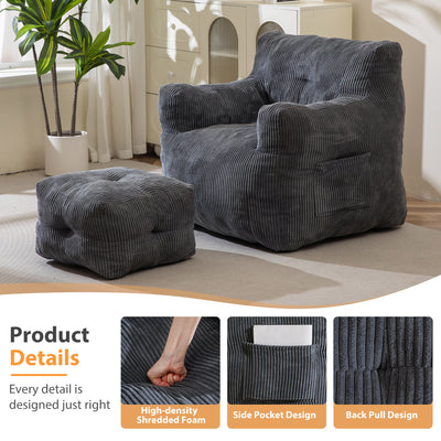 MAXYOYO Tufted Bean Bag Chair with Ottoman, Corduroy Bean Bag Couch Lazy Chair with Filler for Adult, Grey