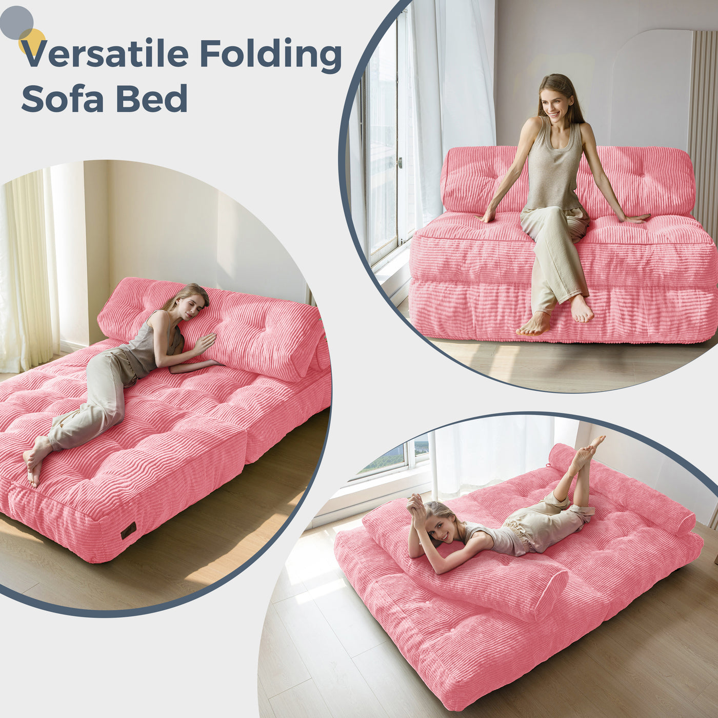 MAXYOYO Folding Sofa Bed, Convertible Sleeper Chair with Pillow Foldable Matress with Back Support, Portable Fold Out Chair Bed Comfy Floor Sofa Lounge for Living Room Bedroom, Pink Double