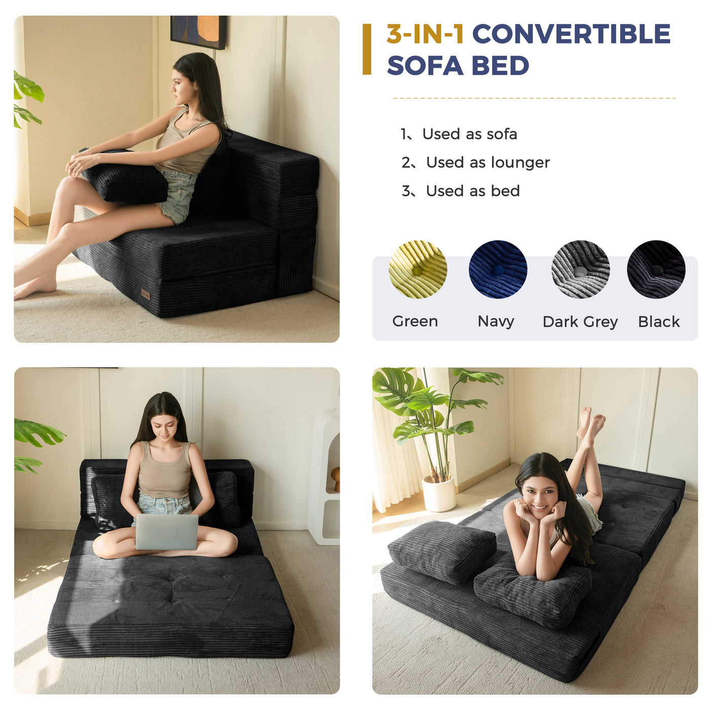 MAXYOYO Convertible Sofa Bed, Fold Out Single Sleeper Sofa with Pillow, 3 in 1 Folding Couch Bed Foam Floor Couch, Lazy Chair for Living Room Bedroom Guest Room, Black
