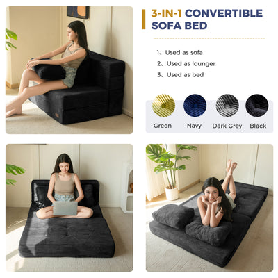 MAXYOYO Convertible Sofa Bed, Fold Out Single Sleeper Sofa with Pillow, 3 in 1 Folding Couch Bed Foam Floor Couch, Lazy Chair for Living Room Bedroom Guest Room, Black