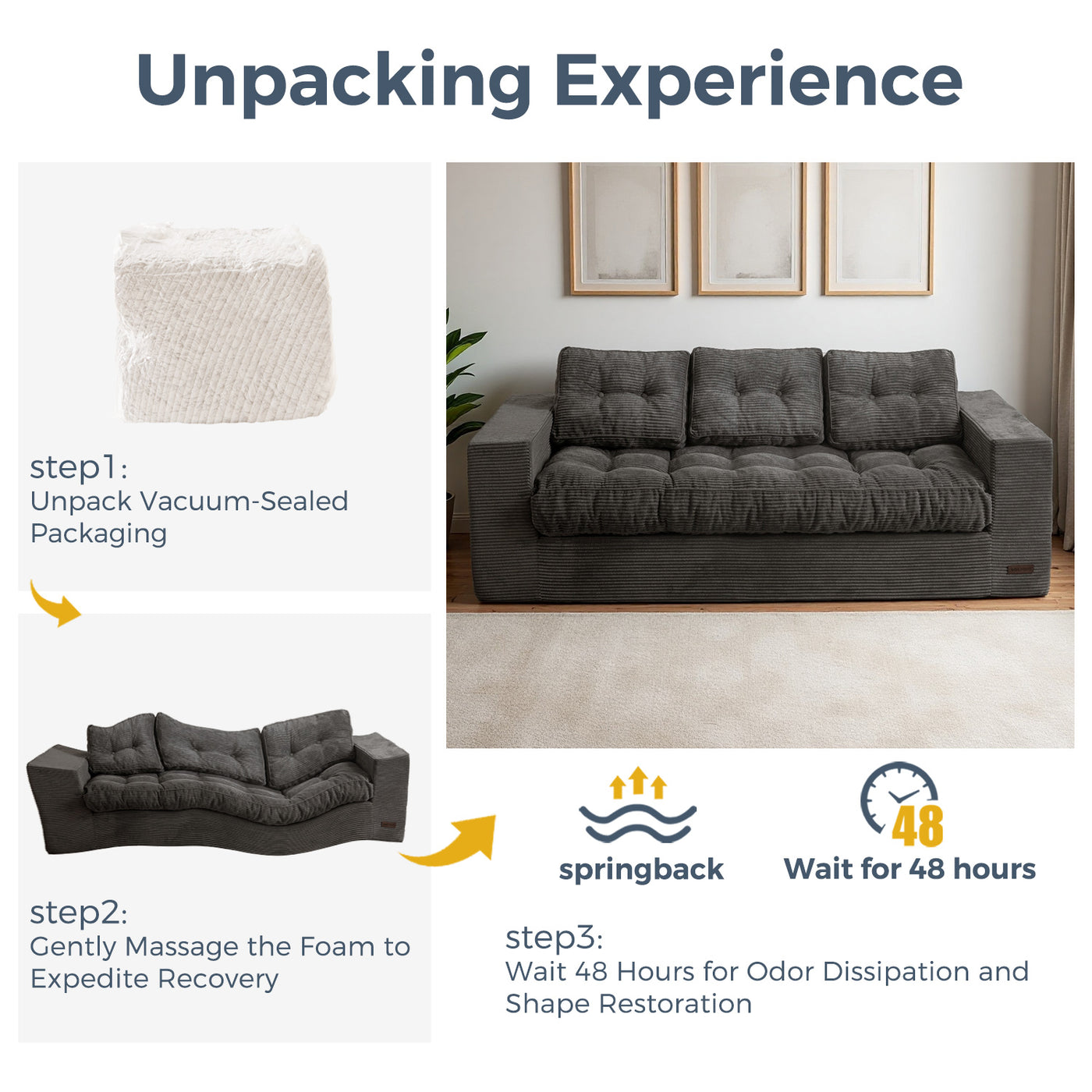 MAXYOYO 3 Seater Couch for Living Room - Boneless Couch, Sofa in A Box, No Assembly Required, Dark Grey