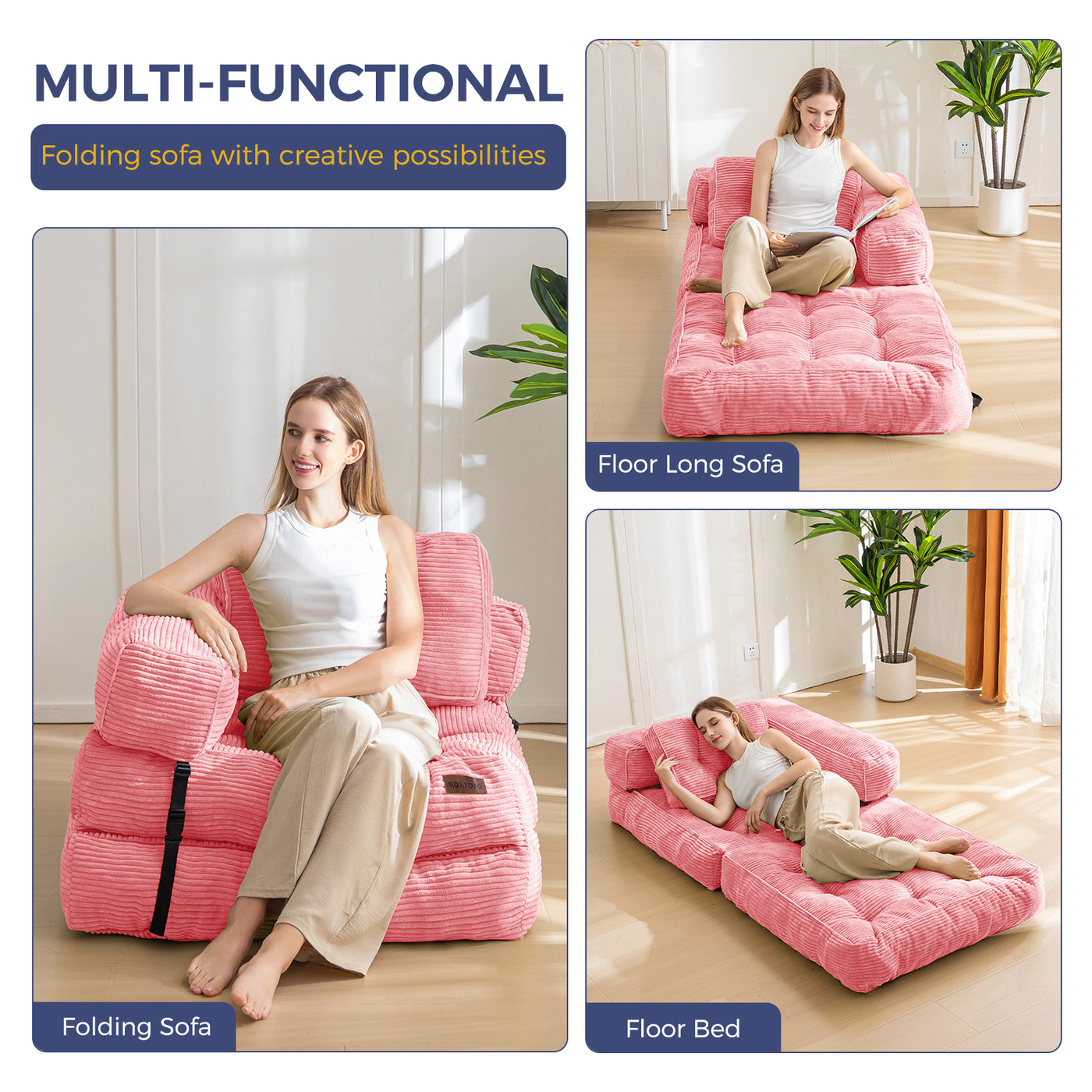 MAXYOYO Folding Sofa Bed, L-Shaped Convertible Sofa with Armrest Foldable Sleeper Bed with Pillow, Comfy Floor Lounge for Living Room Bedroom