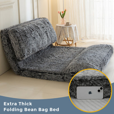 MAXYOYO Bean Bag Folding Floor Sofa Bed, Faux Fur Foam Filling Wall Couch Sleeper Chairs, Black