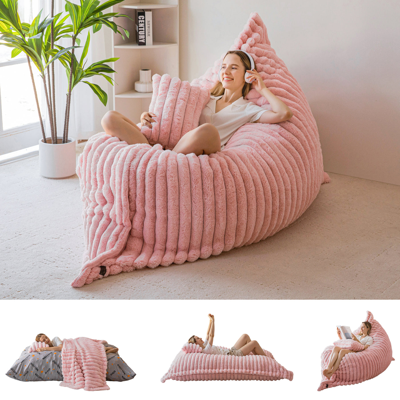 MAXYOYO Giant Bean Bag Chair with Pillow, 3 in 1 Convertible Bean Bag Bed for Adults with Washable Cover, Removable Floor Cushion Stuffed Floor Lounger for Living Room Bedroom