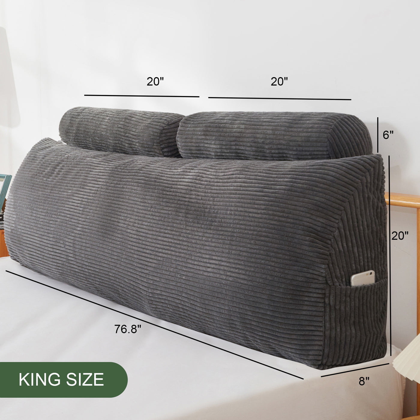 MAXYOYO Wedge Headboard Pillow with Cylindrical Pillow and Removable Cover, Dark Grey