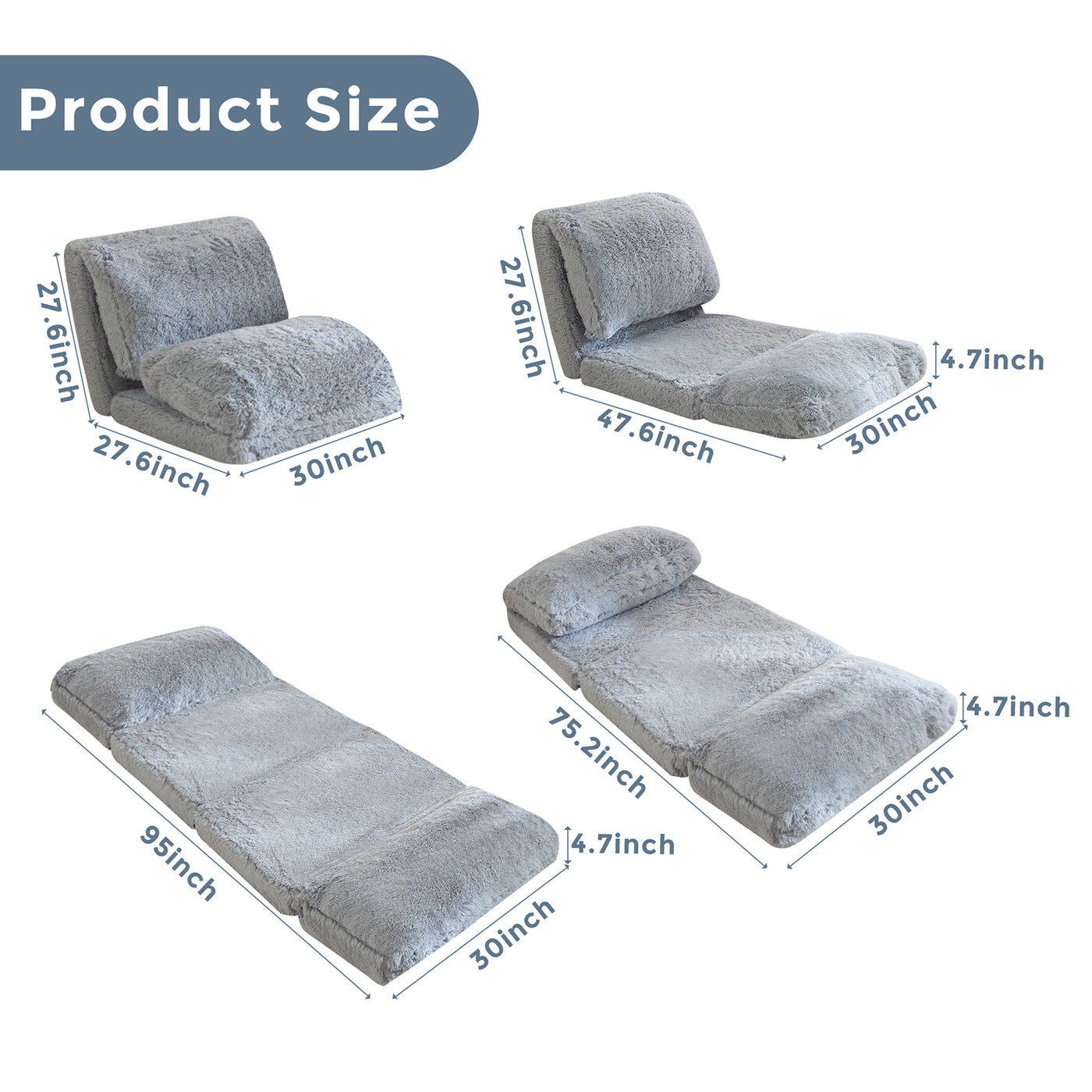 MAXYOYO Bean Bag Folding Floor Sofa Bed, Faux Fur Foam Filling Wall Couch Sleeper Chairs, Grey