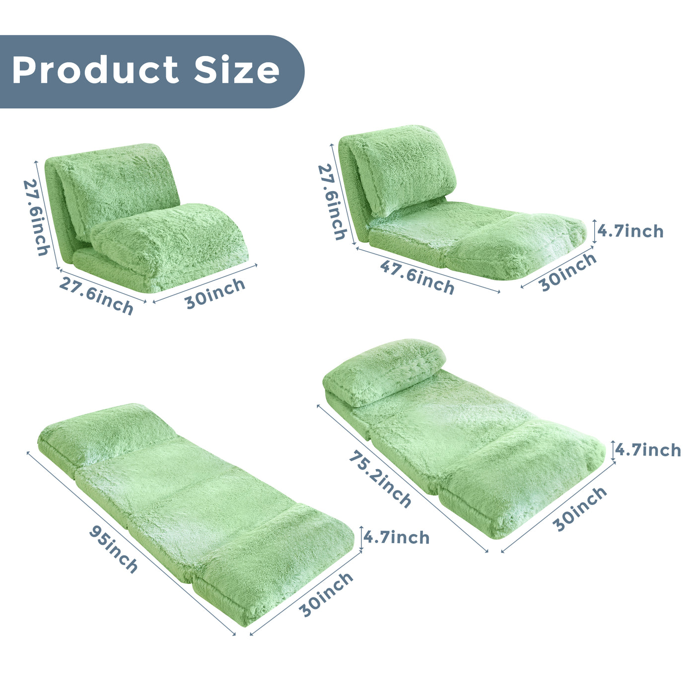 MAXYOYO Bean Bag Folding Floor Sofa Bed, Faux Fur Foam Filling Wall Couch Sleeper Chairs, Green