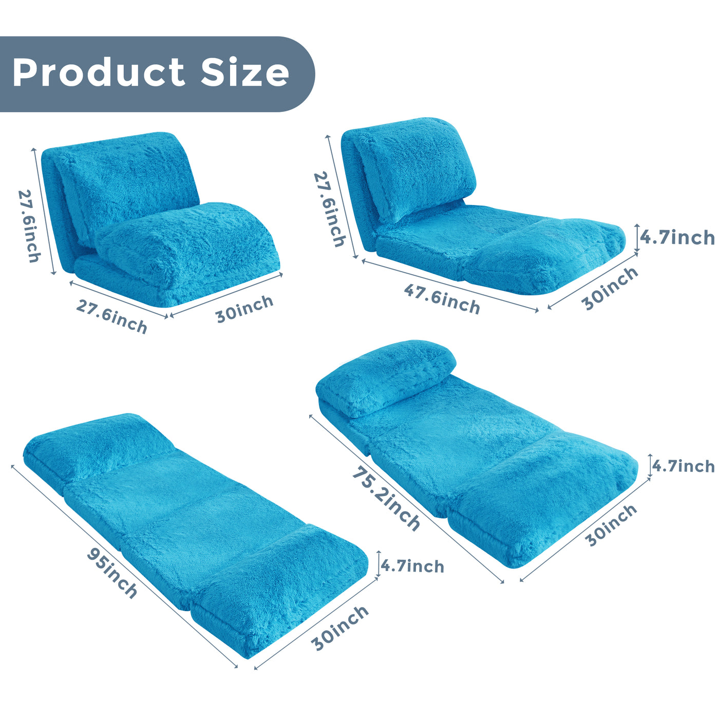 MAXYOYO Bean Bag Folding Floor Sofa Bed, Faux Fur Foam Filling Wall Couch Sleeper Chairs, Blue