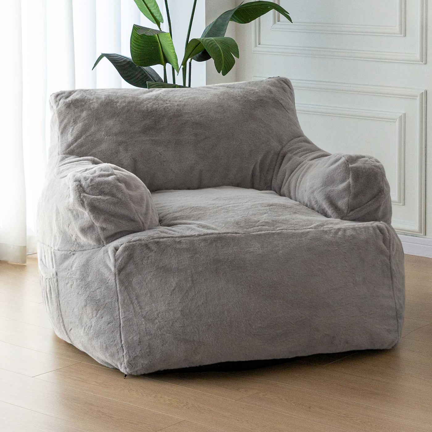 MAXYOYO Giant Bean Bag Chair, Faux Fur Stuffed Bean Bag Couch for Living Room, Grey