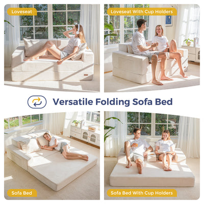 MAXYOYO Loveseat Sofa Bed, 4 in 1 Foldable Floor Sofa Couch in A Box with 2 Cup Holders, Convertible Boneless Couch Folding Recliner Sleeper Chair for Living Room, No Assembly Required