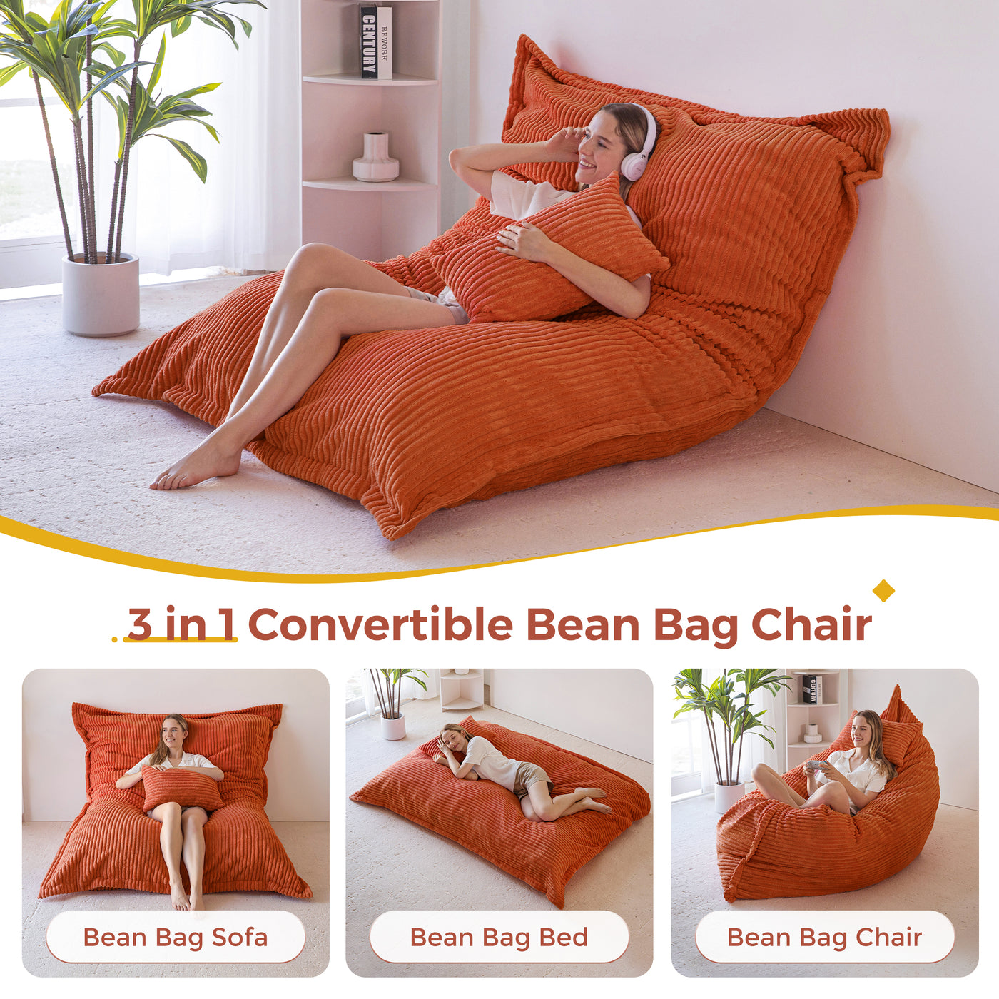 MAXYOYO Giant Bean Bag Chair with Pillow, 3 in 1 Convertible Bean Bag Bed for Adults with Washable Cover, Removable Floor Cushion Stuffed Floor Lounger for Living Room Bedroom, Orange