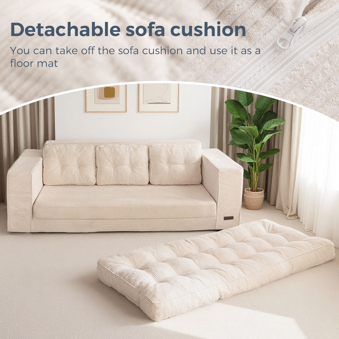 MAXYOYO 3-Seater Convertible Sofa Bed – Corded 2-in-1 Pull-Out Floor Couch with Pillows for Living Room, No Assembly