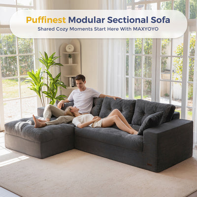MAXYOYO L Shaped Sectional Sofa with Ottoman, Cloud Boneless Couch with Layered Cushion, Upholstered Modular Sofa with Tufting, Flexible Module Combination for Living Room, No Assembly, Dark Grey