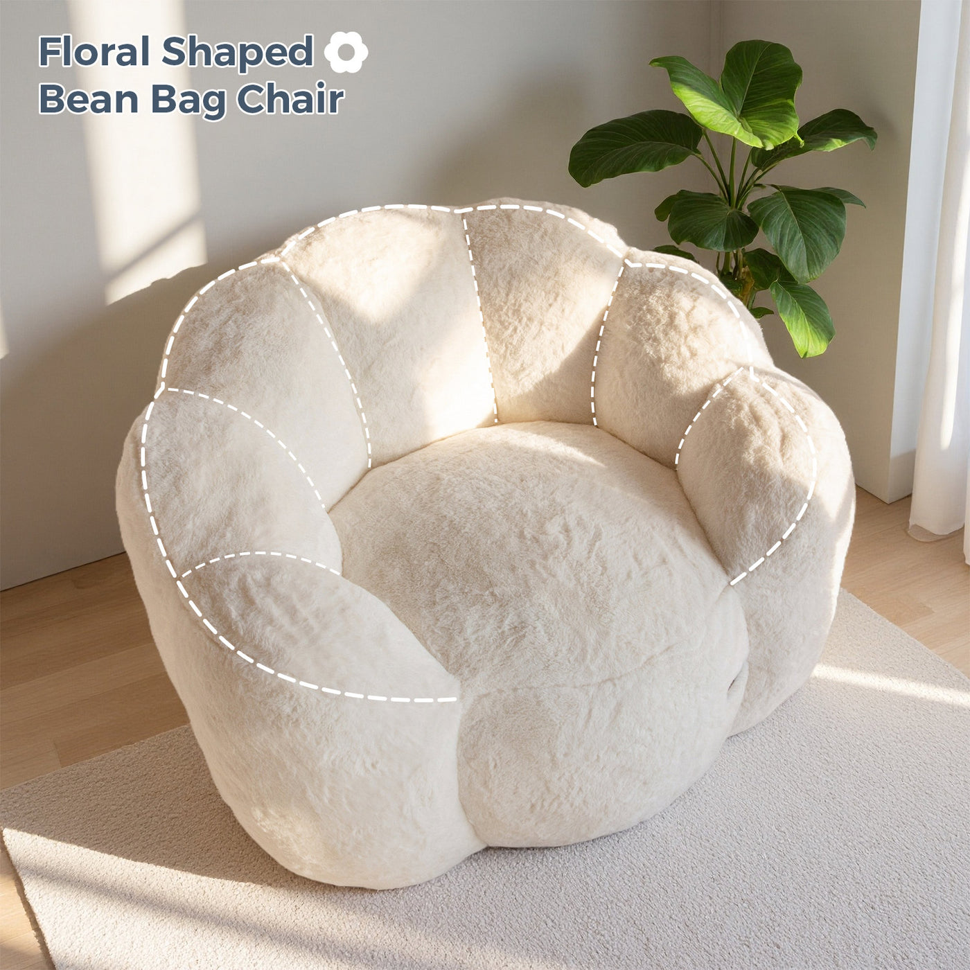 MAXYOYO Bean Bag Chair, Floral Shape Ultra Soft Faux Fur Petal Back Sofa for Adults, Single Size (Beige)