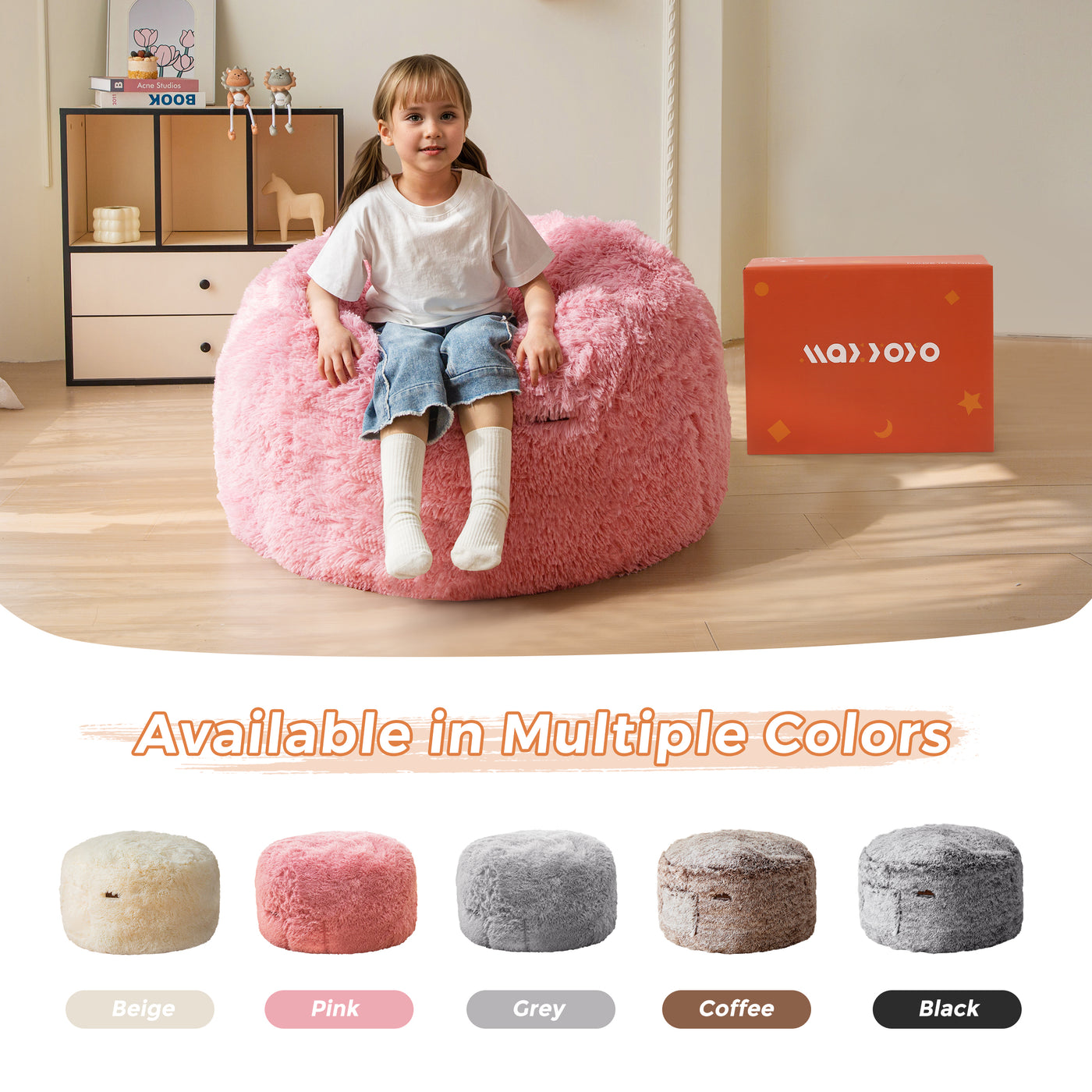 MAXYOYO Kids Bean Bag Chair, Stuffed Faux Fur Bean Bag for Toddler, Ultra Soft Floor Sofa with High-Density Foam Filling, Lazy Chair for Living Room, Playroom, Nursery Room,Pink