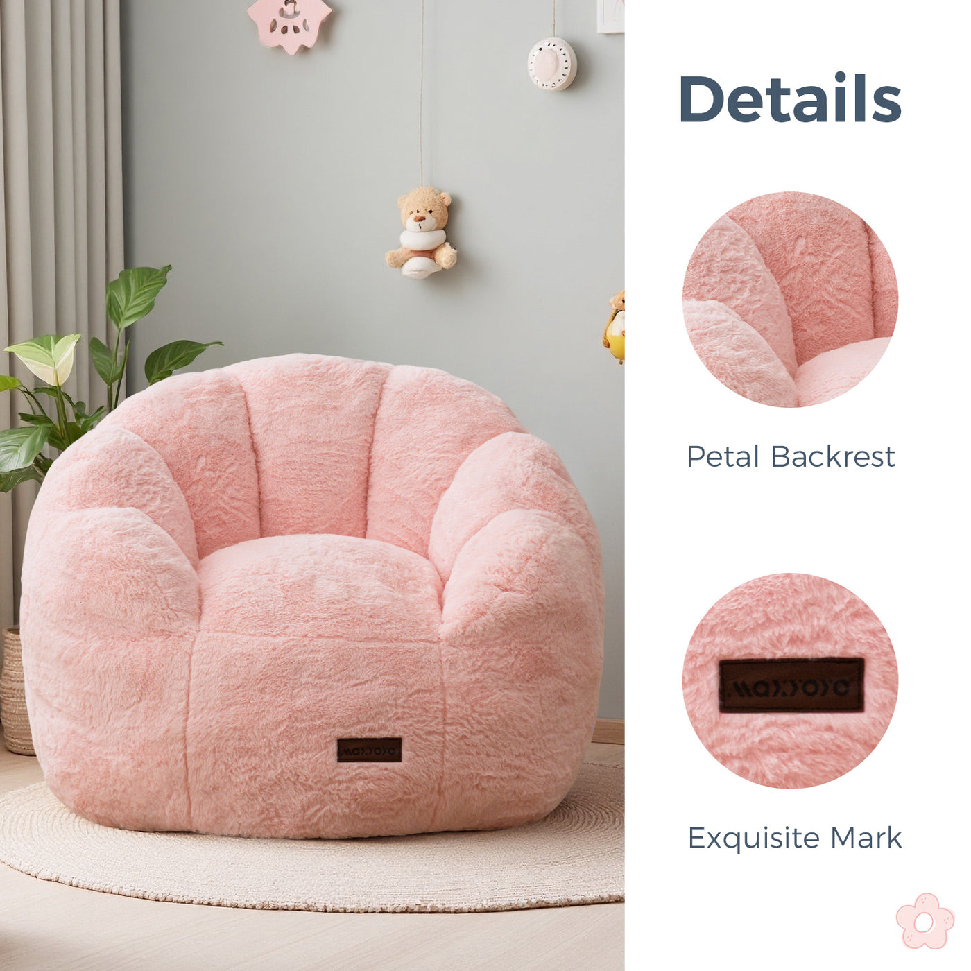 MAXYOYO Kids Bean Bag Chair, Floral Shaped Bean Bag Sofa, Plush Faux Fur Toddler Couch with Petal Backrest for Boys Girls, Stuffed Cozy Sofa for Nursery, Bedroom, Pink