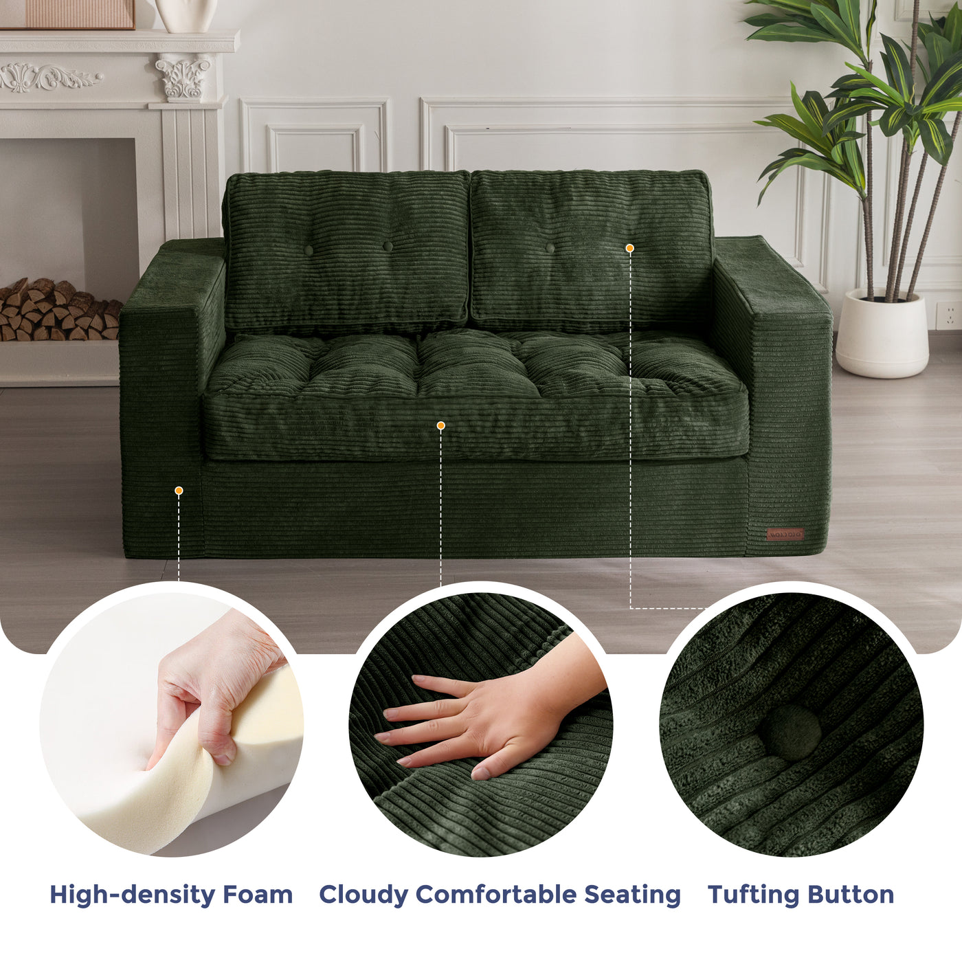 MAXYOYO Bean Bag Chair for Adults, Upholstered Floor Sofa with Armrests, Loveseat Boneless Couch with Tufted Cushion & Backrest, Sofa in A Box, Large Bean Bag Couch for Bedroom Living Room, Green