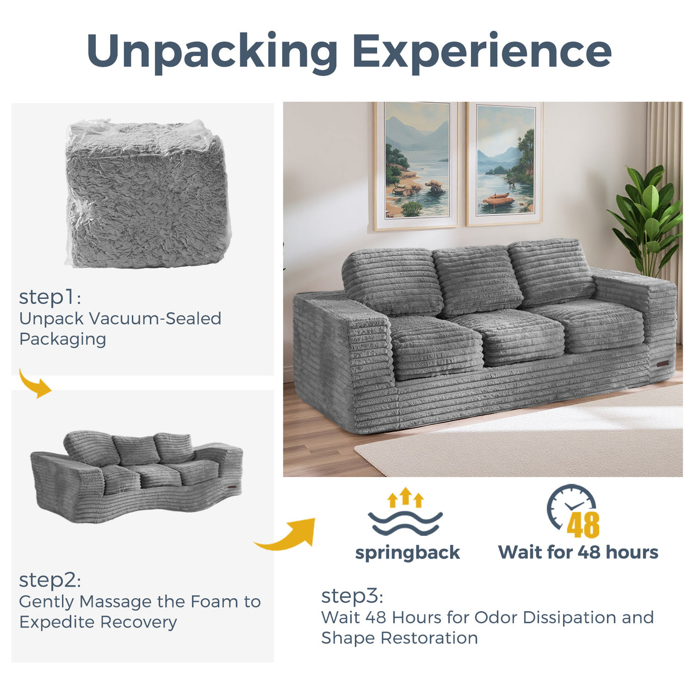 MAXYOYO 3-Seater Faux Fur Sofa – Fluffy Boneless Couch with Pillows in a Box, Faux Fur Lounge, No Assembly