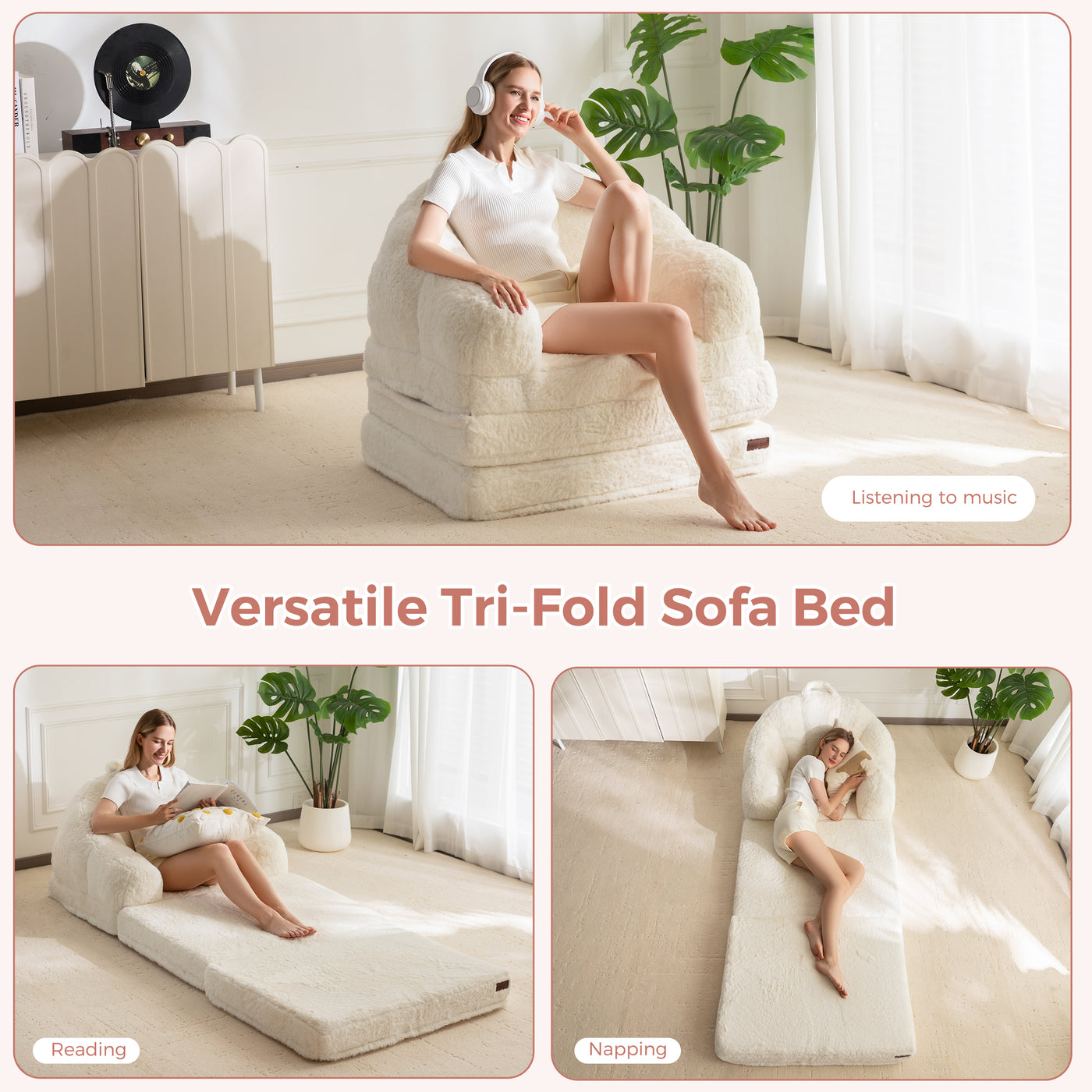 MAXYOYO Folding Sofa Bed, 2 in 1 Convertible Sofa to Lounger Comfy Single Bean Bag Chair for Adults, Floor Sleeper Couch with Handle, Faux Fur Couch Bed for Living Room Bedroom, Beige