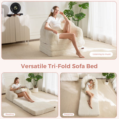 MAXYOYO Folding Sofa Bed, 2 in 1 Convertible Sofa to Lounger Comfy Single Bean Bag Chair for Adults, Floor Sleeper Couch with Handle, Faux Fur Couch Bed for Living Room Bedroom, Beige