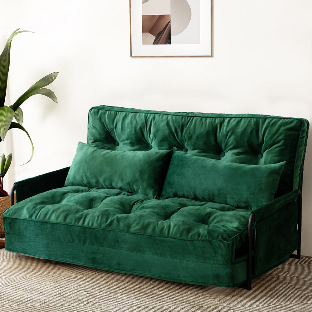 MAXYOYO Adjustable Floor Sofa Couch, Velvet Convertible Lazy Sofa Sleeper Bed with Pillows and Armrest, Double, Green